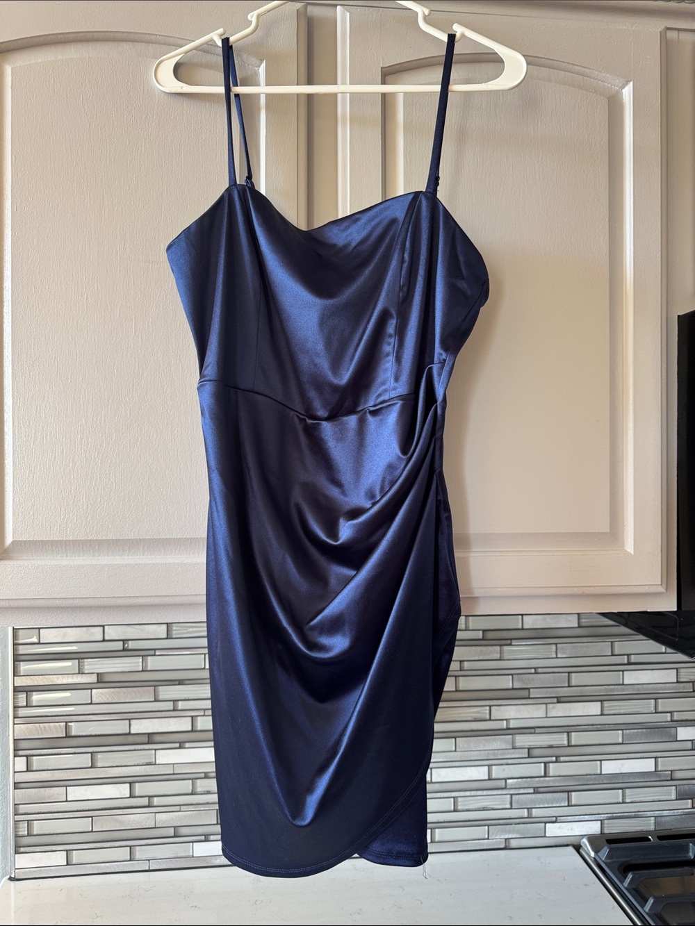 Honey and Rosie Navy Satin Cowl Neck Mini Dress